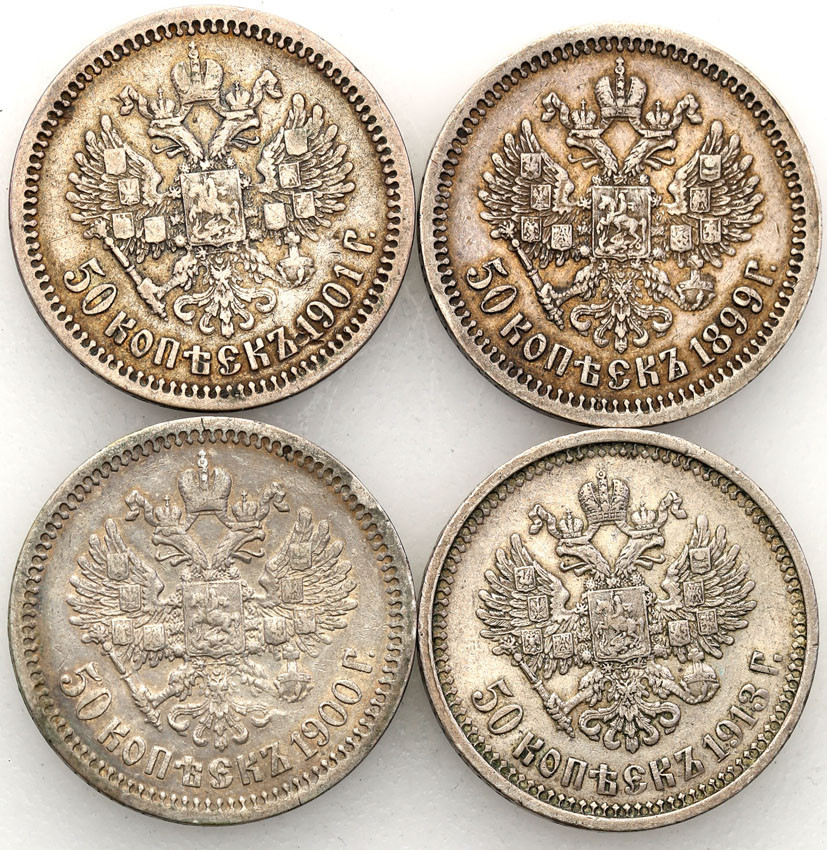Rosja. Mikołaj II.1/2 Rubla (50 kopiejek) 1899-1913, Petersburg – zestaw 4 sztuk
